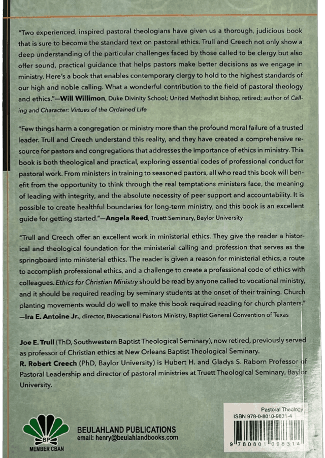 Ethics for Christian Ministry back cover